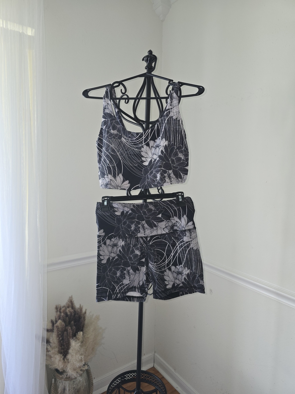 JoyLab Black & White Floral Active Bra and Shorts Set